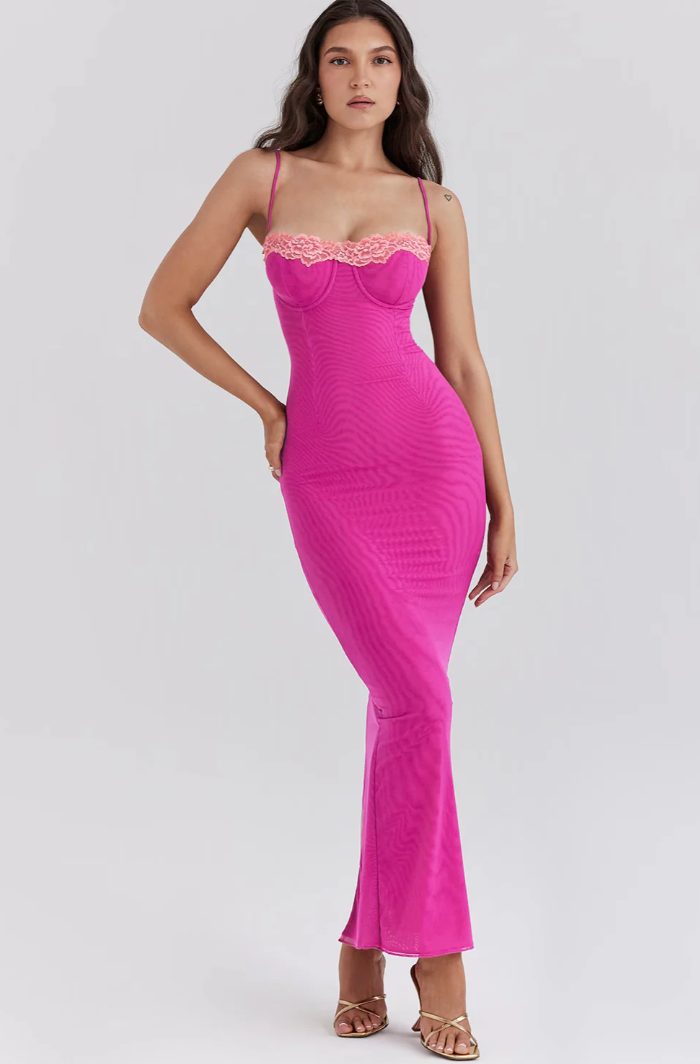 Amalia™ | Vestido largo ajustado con encaje en contraste
