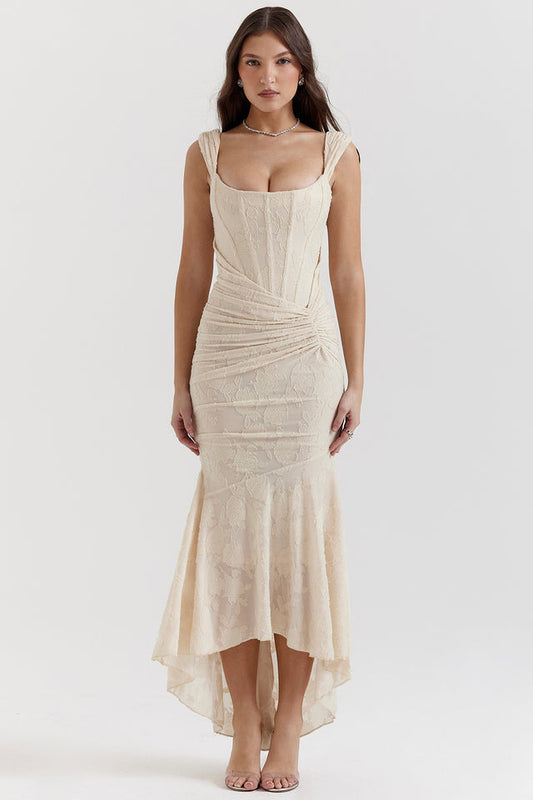 Pilar™ | Vestido largo beige con cintura escultural