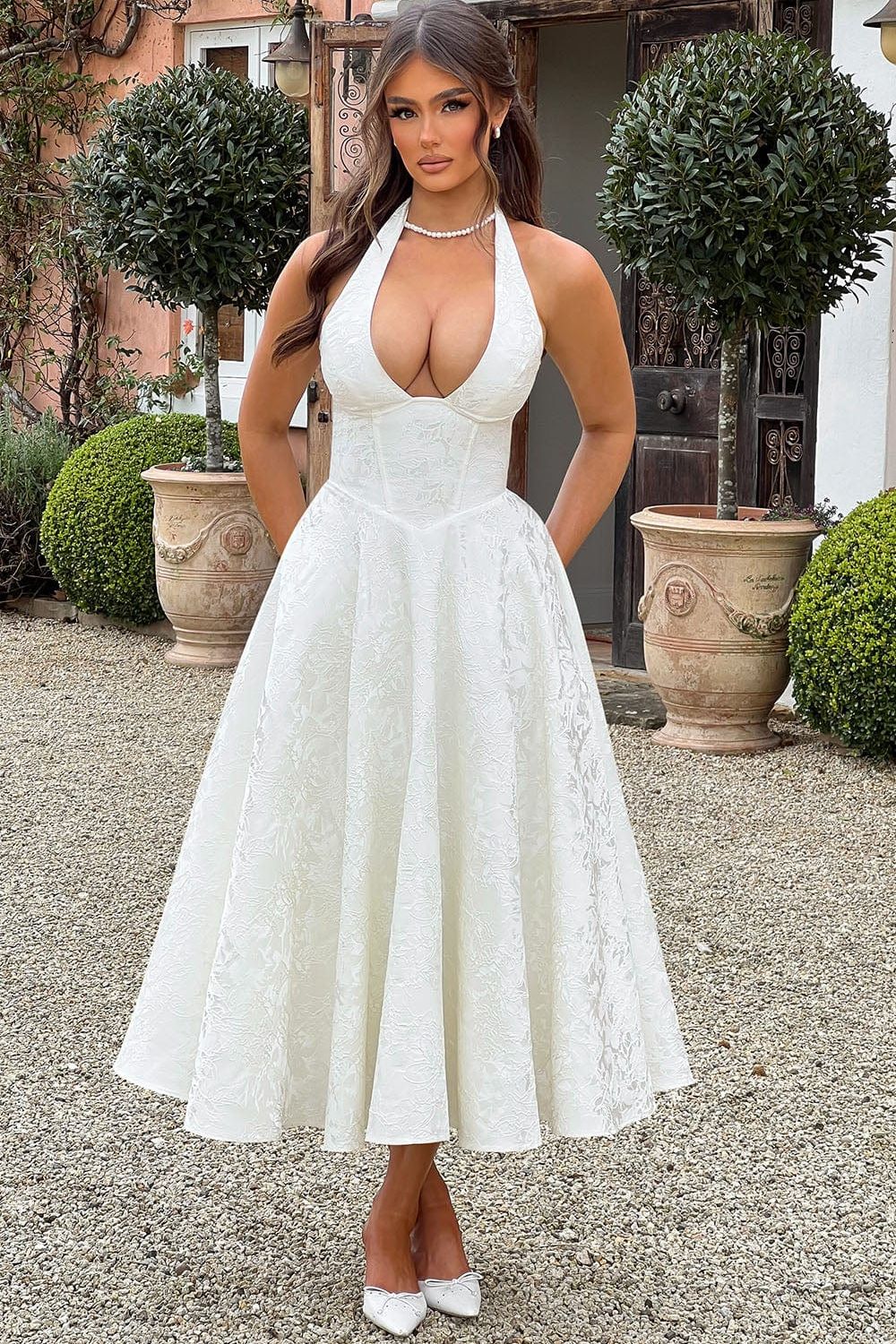 Camila™ | Vestido midi con escote halter y falda acampanada