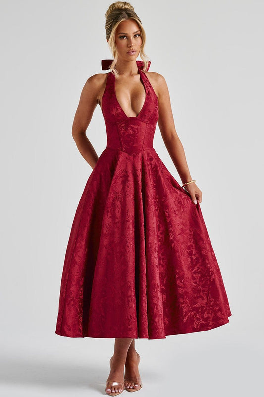Camila™ | Vestido midi con escote halter y falda acampanada