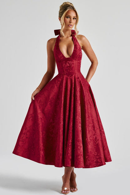 Camila™ | Vestido midi con escote halter y falda acampanada