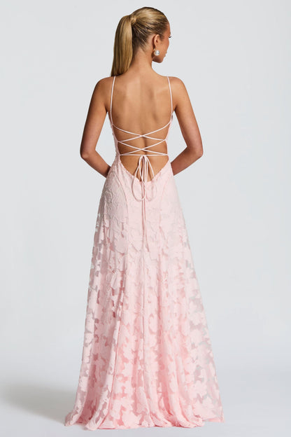 Marina™ | Vestido largo rosa con tirantes finos y textura floral