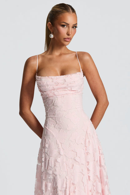 Marina™ | Vestido largo rosa con tirantes finos y textura floral