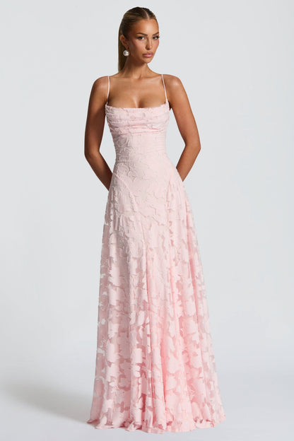 Marina™ | Vestido largo rosa con tirantes finos y textura floral