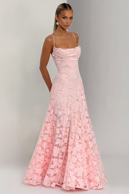 Marina™ | Vestido largo rosa con tirantes finos y textura floral